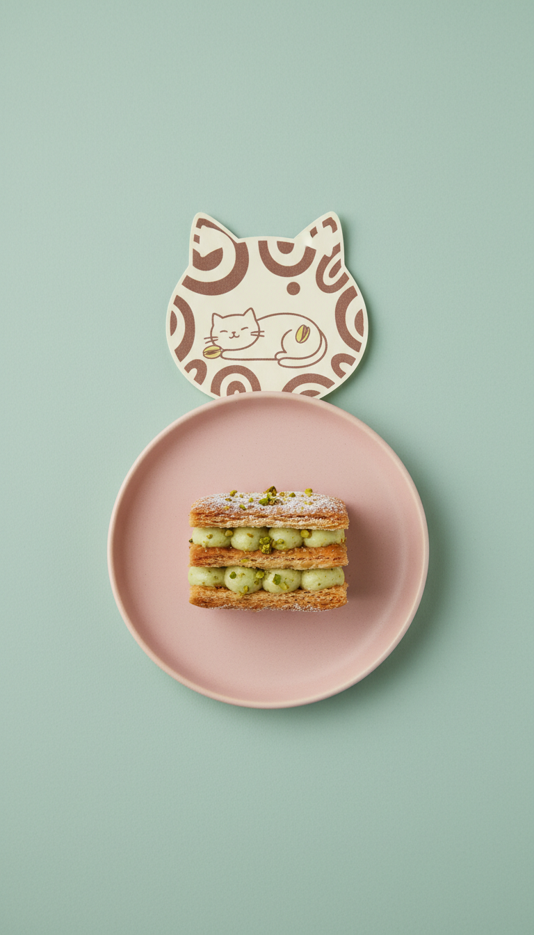 Mini Pistachio Mille-Feuille with Cat Place Card